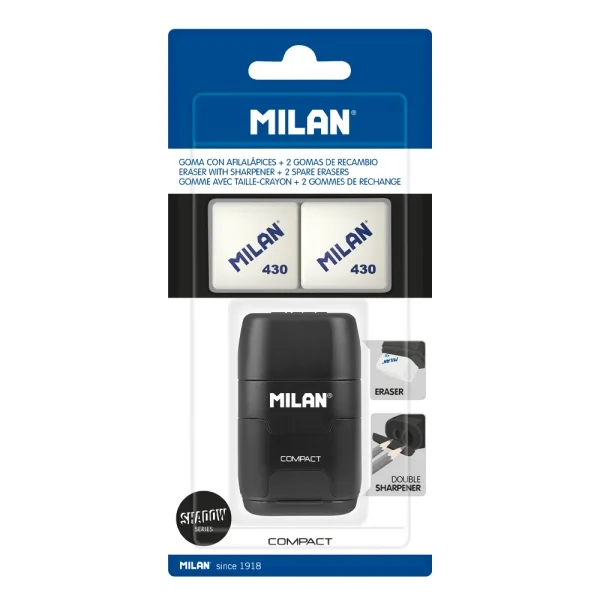 Milan Compact Shadow Afilaborra - 2 Gomas de Recambio - Cuchilla de Acero de Seguridad - Doble Agujero para Normal y Maxi - Color Negro