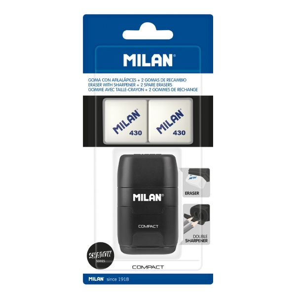 Milan Compact Shadow Afilaborra - 2 Gomas de Recambio - Cuchilla de Acero de Seguridad - Doble Agujero para Normal y Maxi - Color Negro