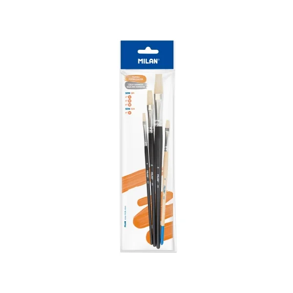 Milan 501 Pack de 3 Pinceles Planos - Incluye 1 Pincel Serie 524 Numero 8 - Formatos Surtidos - Color Negro