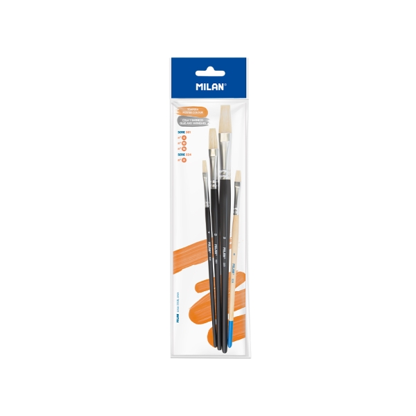 Milan 501 Pack de 3 Pinceles Planos - Incluye 1 Pincel Serie 524 Numero 8 - Formatos Surtidos - Color Negro