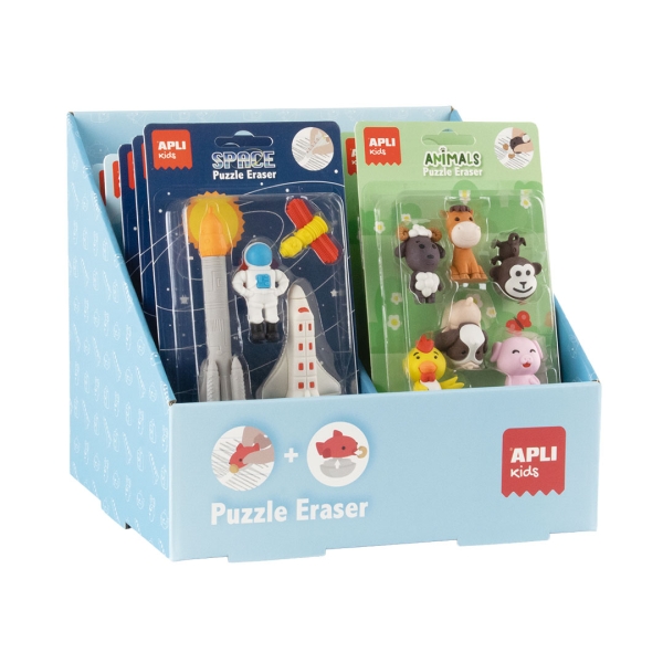 Apli Expositor con 12 Packs de de Gomas Puzzle - Divertidas Gomas de Borrar - Se Pueden Montar y Desmontar para Jugar con Ellas - 4 Tematicas Diferentes