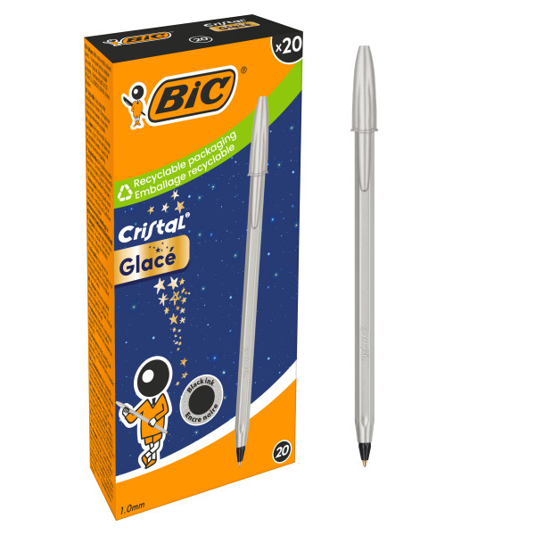 Bic Cristal Glace Boligrafo de Bola - Cuerpo Opaco en Color Plata Mate - Punta Redonda de 1mm - Trazo 0.4mm - Tinta con Base de Aceite - Color de la Tinta Negro · Pack de 20 uds.