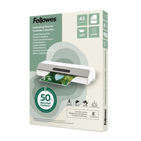 Fellowes Pack de 100 Fundas para Plastificar - Formato A5 - 80 micras - Efecto Mate - Fabricado con 50% Material Reciclado - Transparente