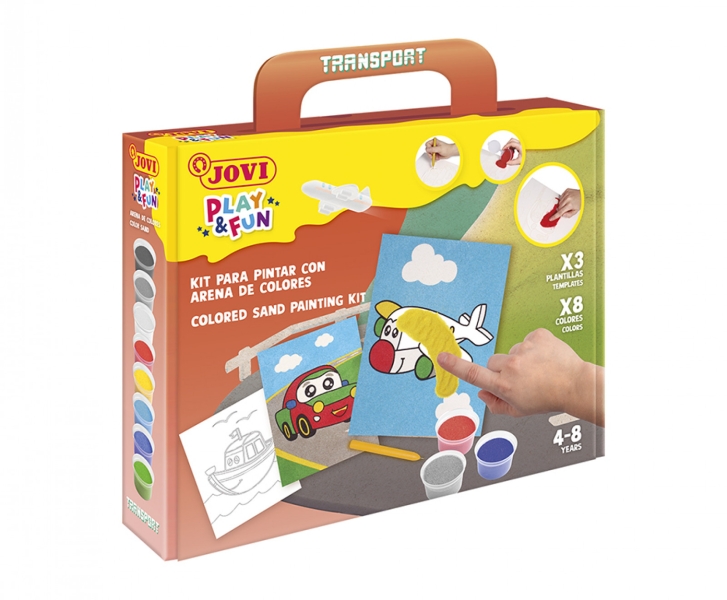Jovi Play & Fun Kit Pinta con Arena Transport con 8 Botes de Arena + 1 Punzon + 3 Laminas con Diseños de Transportes - Colores Surtidos