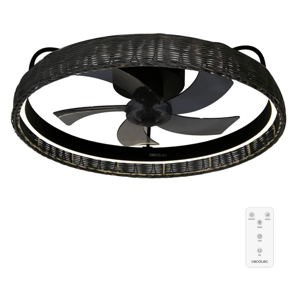 Cecotec EnergySilence LampAero 600 Black Design Ventilador de Techo con 5 Aspas de 17" y Luz LED - 20W - LED con 3 Tonos - Tulipa de Mimbre - Temporizador - Modo Invierno - 6 Velocidades - Color Negro