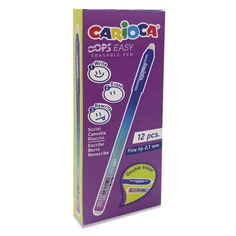 Carioca Oops Easy Boligrafo Borrable - Punta de Ø 0.7mm - Tinta Termo Sensible - Cuerpo con Efecto Degradado - Doble Goma - Color Azul · Pack de 12 uds.