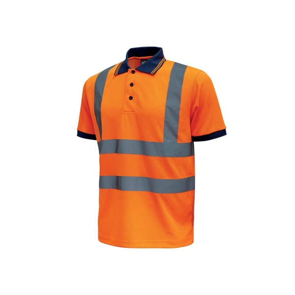 Upower Neon Polo de Manga Corta con Rayas Reflectantes - Talla 2XL - Cuello Tres Botones, Banda para el Sudor, Ventilaciones Laterales, Proteccion DPI2, Comodidad y Durabilidad - Color Naran
