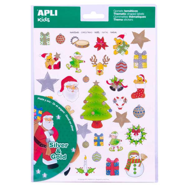 Apli Pack con 99 Gomets de Tematica Navideña - Ilustraciones Educativas - Adhesivo Removible - Tinta en Acabado Oro y Plata - Materiales 100% Reciclables