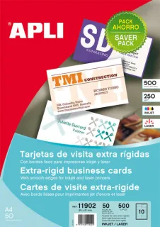 Apli Pack con 500 Tarjetas de Visita Mate - Cartulina de 250g/m² - 50 Hojas por 10 Tarjetas - Cantos Rectos - Color Blanco
