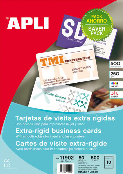 Apli Pack con 500 Tarjetas de Visita Mate - Cartulina de 250g/m² - 50 Hojas por 10 Tarjetas - Cantos Rectos - Color Blanco