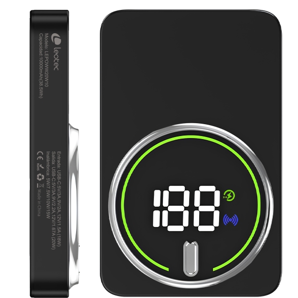 Leotec Powerbank Inalambrico 10.000 mAh - PD 20W - Qi 15W - Color Negro