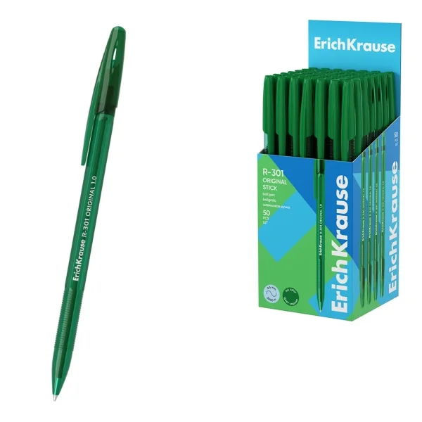 ErichKrause R-301 Stick Original Boligrafo con Capuchon - Punta de 1.0mm - Cuerpo Transparente - Trazo 0.5mm - Tinta de Secado Rapido - Tapa Ventilada - Color Verde · Pack de 50 uds.