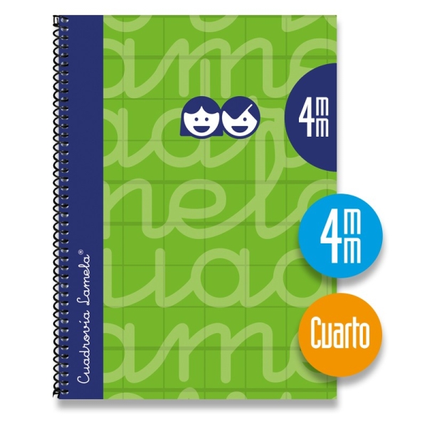 Lamela Cuaderno Espiral con 80 Hojas de 70g/m2 con Margen - Formato Cuarto - Pauta Cuadrovia de 4mm - Cubierta Extra Dura - Papel Offset Blanco Extra - Color Verde