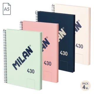 Milan 430 Since 1918 Pack de 4 Cuadernos A5 con Espiral - Hojas Blancas - 80 Hojas de 95g - Tapa Dura - Colores Surtidos