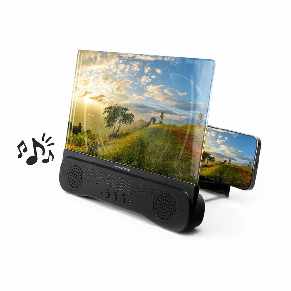 Innovagoods Screenier Amplificador de Pantalla para Moviles con Altavoz - Bluetooth - Autonomia 180min - 1200mAh - Cable 3cm - Pantalla 12" - Recargable - Plegable - 25.5x19.5x3cm - Color Ne