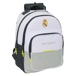 Safta Real Madrid Mochila Escolar de 20L - Adaptable a Carro - 3 Compartimentos - Portabotellas - 32x42x15cm - Color Blanco y Negro