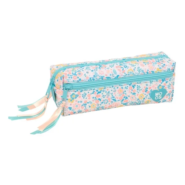 Safta Moos Fiori Portatodo - 3 Compartimentos con Cremalleras - Goma Elastica - Material Reciclado - 0.98L - 220x60x85mm - Color Azul Claro