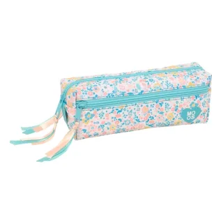 Safta Moos Fiori Portatodo - 3 Compartimentos con Cremalleras - Goma Elastica - Material Reciclado - 0.98L - 220x60x85mm - Color Azul Claro