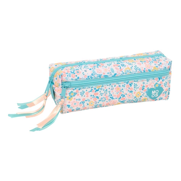 Safta Moos Fiori Portatodo - 3 Compartimentos con Cremalleras - Goma Elastica - Material Reciclado - 0.98L - 220x60x85mm - Color Azul Claro
