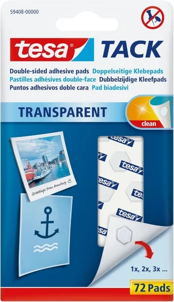 Tesa Tesatack Pack de 72 Puntos Adhesivos de Doble Cara - Fuertes y Limpias - Transparentes