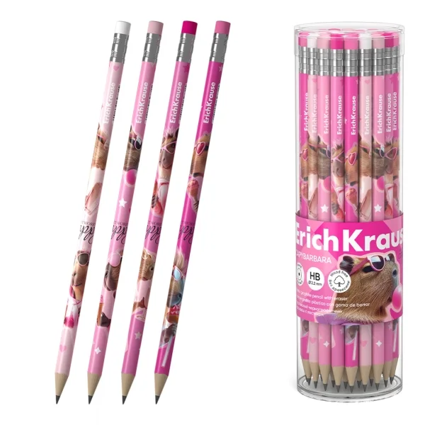 ErichKrause CapyBarbara Lapiz de Grafito con Goma de Borrar - Mina HB - Cuerpo Redondo - Plastico - Agarre Ergonomico - Colores Surtidos · Pack de 42 uds.