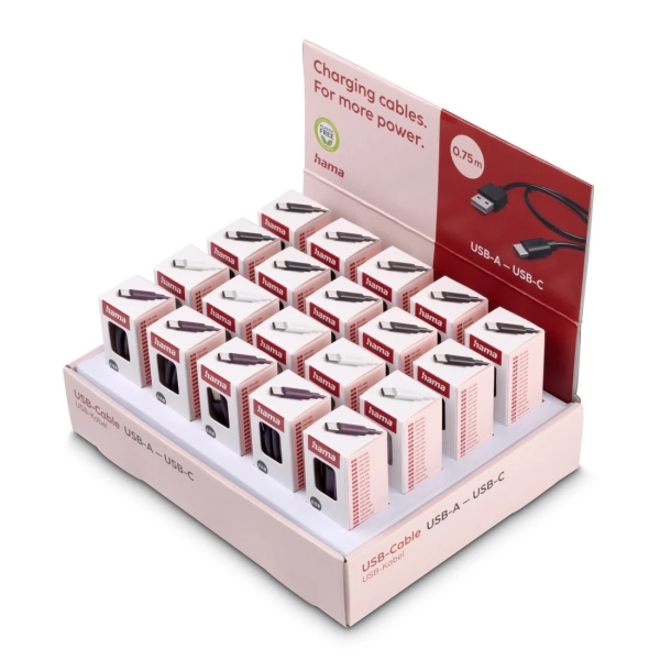 Hama Cable USB - USB-A Macho - USB-C Macho - Longitud 0.75m - Velocidad hasta 480Mbps - Blindado - Colores Surtidos · Pack de 20 uds.
