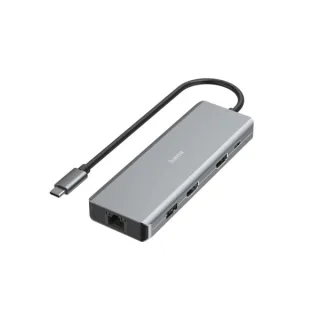 Hama Essential Hub USB 3.2 - Potencia Maxima 100W - Cable USB-C Integrado de 15cm - LAN Ethernet 1Gbps - 2x HDMI 4K - 2x USB-C - 2x USB-A - Power Delivery - Color Gris