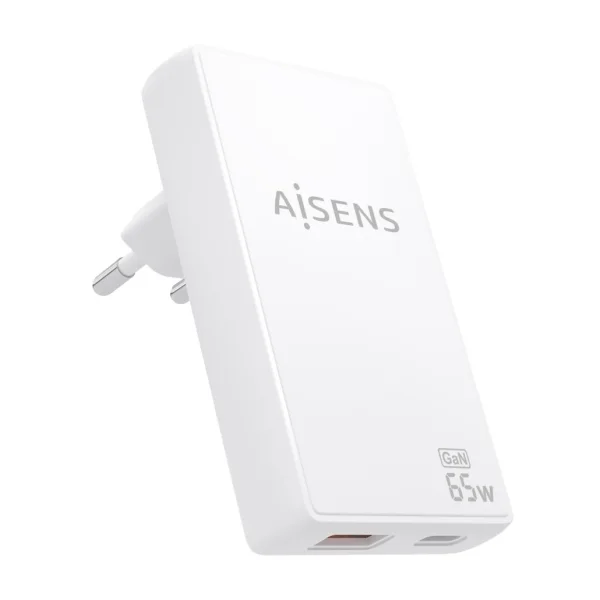 Aisens Cargador GaN Ultra Delgado 65W - 1xUSB-C PD3.0 QC4.0 - 1xUSB-A QC3.0 - Tecnologia AI - Color Blanco