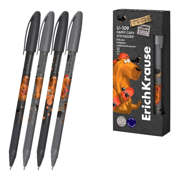 ErichKrause U-109 Stick and Grip Happy Capy Boligrafo con Capuchon - Modelos Surtidos - Trazo 0.3mm - Zona de Agarre de Goma - Tinta de Baja Viscosidad - Tapa Ventilada - Color Azul · Pack de 12 uds.
