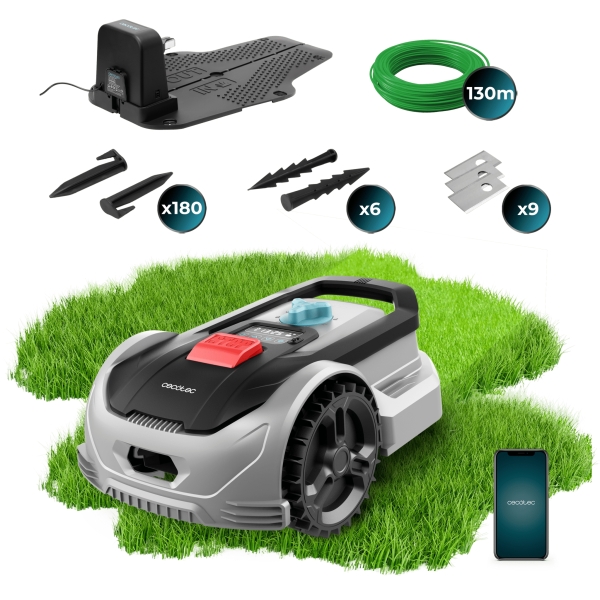 Cecotec Conga GrassHopper 500 Connected Robot Cortacesped Inteligente - Cobertura de 500m2 - Adaptacion Automatica a Irregularidades - Resistente al Agua y UV - Sensor de Lluvia - Color Negr