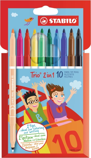 Stabilo Trio 2 en 1 Pack con 10 Rotuladores de Doble Punta - Punta Fina 0,5mm y Punta Ancha 2mm - Tinta Lavable - Zona de Agarre Triangular - Colores Surtidos