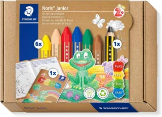 Staedtler Noris Junior Conjunto de Actividades Pack de 6 Ceras de Colores + Lapiz de Grafito Extragrueso + Folleto de Actividades - Colores Surtidos