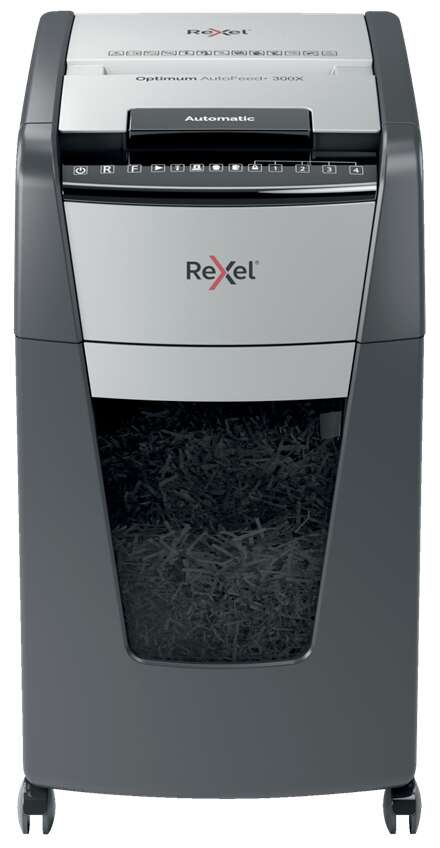 Rexel Optimum AutoFeed 300X Destructora Automatica de Corte en Particulas P-4 - Alimentacion Automatica 300 Hojas y Ranura Manual 10 Hojas - Funcionamiento Ininterrunpido 60min - Papelera de