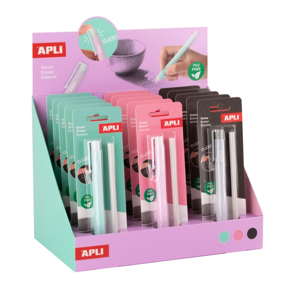 Apli Expositor con 15 Packs de Portagoma con Goma + Recambio - Sin PVC - 3 Colores Surtidos