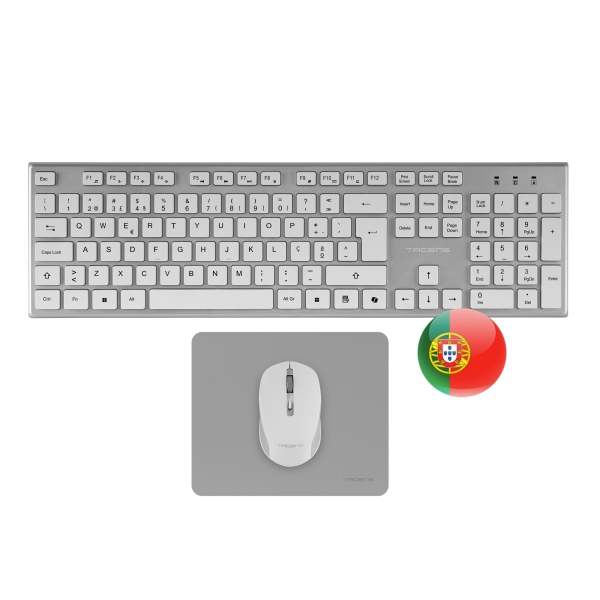 Tacens Zenith Combo Pack Inalabrico de Teclado Completo + Raton y Alfombrilla - Disposicion Portuguesa QWERTY PT - Teclas Silenciosas de Perfil Bajo - Sensor de 3200dpi - Conexion Dual Link