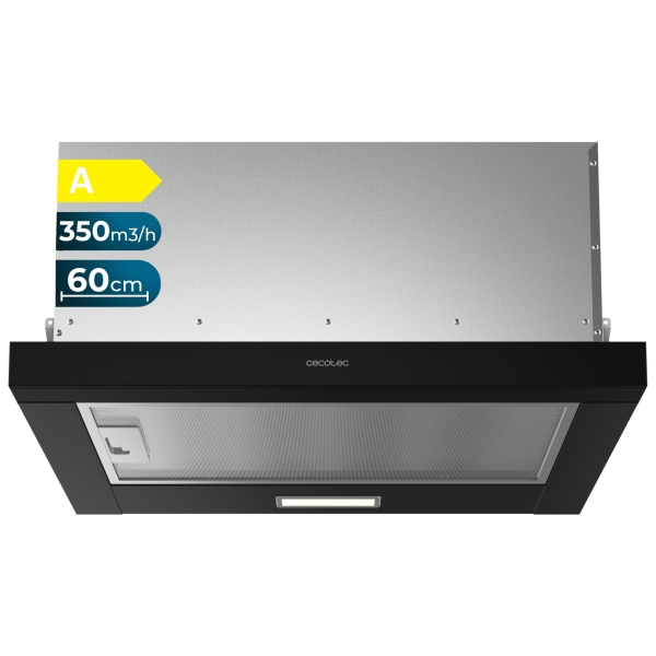 Cecotec Bolero Flux TLM 603500 Black A Campana Extractora Telescopica de 60cm - 70W - Succion 350m3/h - Luz LED - Incluye Accesorios - Kit de Montaje - Filtros de Carbono Incluidos - Color N