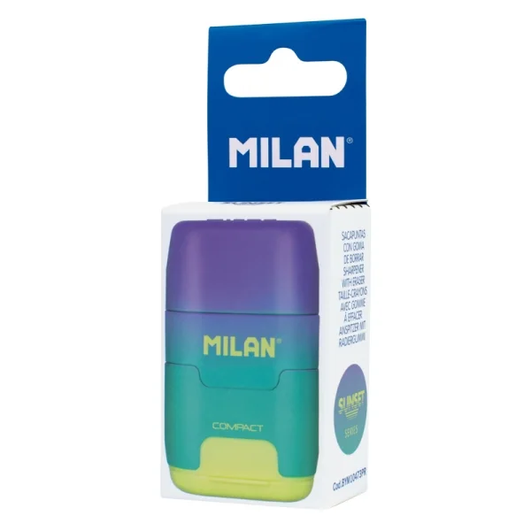 Milan Compact Sunset Afilaborra con 2 Gomas de Borrar - Sacapuntas Doble - Cuchilla de Seguridad - Color Turquesa
