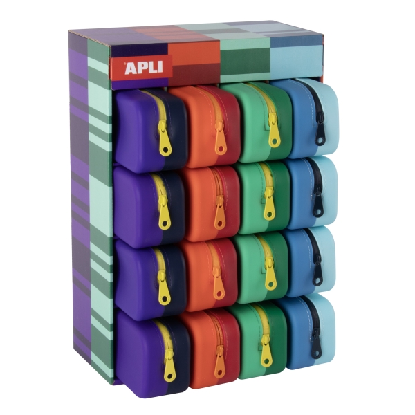 Apli Bright Bicolor Expositor de 16 Estuches de Silicona Rectangulares Bicolor - Cremallera Repelente al Agua - Medidas 75x185x55mm - Colores Surtidos