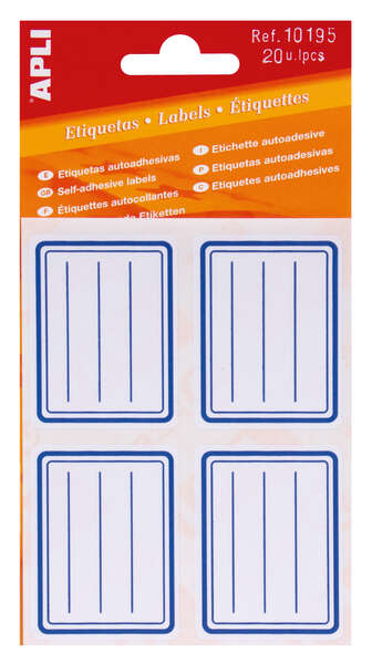 Apli Etiquetas Adhesivas Escolares Basicas - Tamaño 50x38mm - Ribete Azul - Adhesivo Permanente - Ideal para Marcar e Identificar - Color Blanco · Pack de 10 uds.