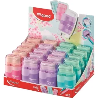 Maped Connect Duo Afilaborra de 2 Orificio con Goma de Borrar - Deposito de Gran Capacidad - Forma Ergonomica - Colores Surtidos · Pack de 20 uds.