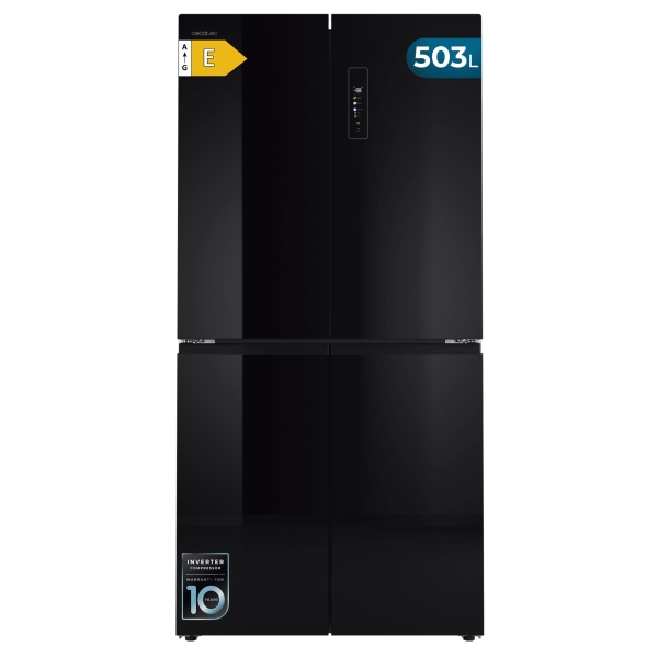 Cecotec Bolero CoolMarket 4D 503 Black Glass E Frigorifico Americano 4 Puertas - Capacidad 503L - Luz LED - Compresor Inverter - Puerta de Cristal - Frio Envolvente - 177.5x85.3x69.8cm - Col
