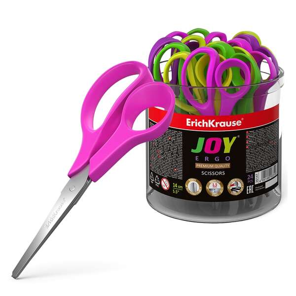Erichkrause Tijeras Joy Ergo - Cuchillas de Acero Inoxidable - Extremos Redondeados - Resistente a La Corrosion - Mangos Ergonomicos - Color Negro · Pack de 24 uds.