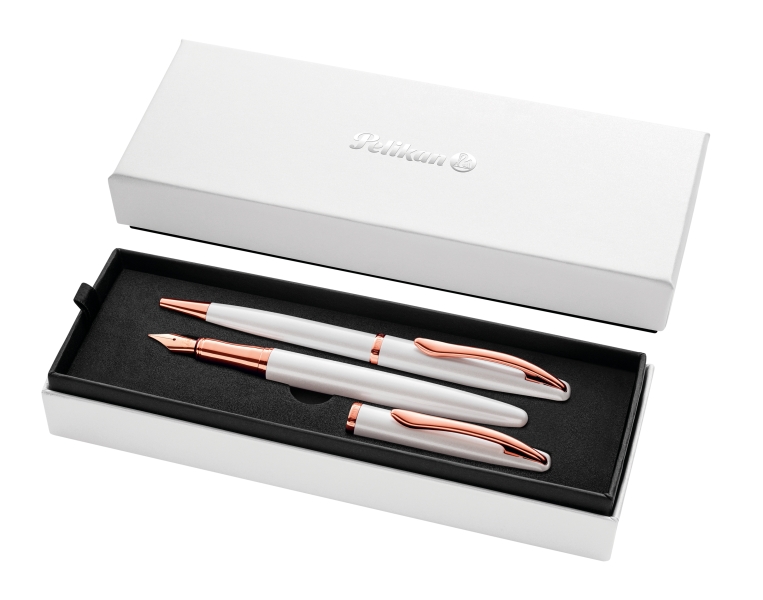 Pelikan Jazz Noble Set de Boligrafo y Estilografica - Cuerpo Satinado con Detalles Cromados - Incluye Estuche de Regalo - Color Perla