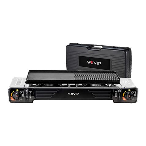 Muvip Cocina de Gas Portatil 2 Fuegos - Doble Bombona - Encendido Automatico - Quemador de Aluminio - Valvula de Doble Sellado - Proteccion Contra Sobretension - Plancha de Asado + Maleta de