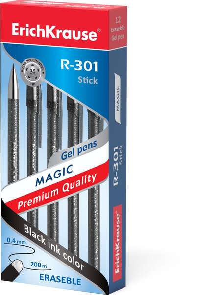 Erichkrause R-301 Magic Gel Boligrafo Borrable - Tinta Gel - Punta de 0.5mm - Trazo de 0.4mm - Cuerpo Semitransparente con Efecto Brillante - Color Negro · Pack de 12 uds.