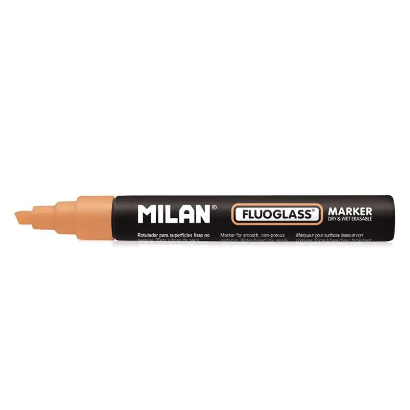Milan Fluoglass Rotulador Superficies Lisas - Punta Biselada - Trazo de 2 - 4mm - Tinta al Agua - Borrado Facil - Color Naranja · Pack de 12 uds.