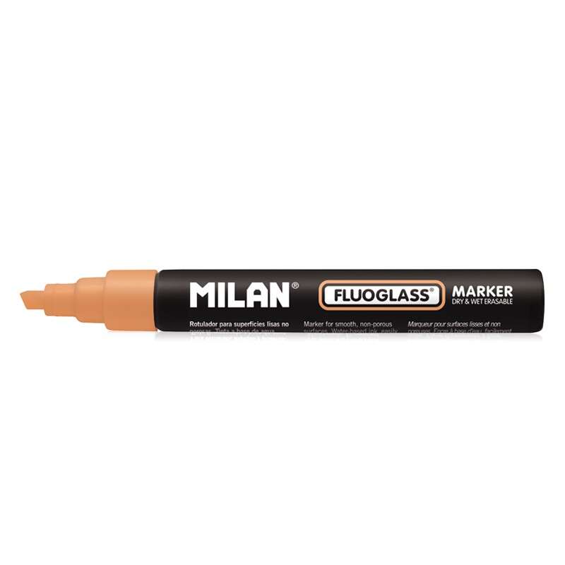 Milan Fluoglass Rotulador Superficies Lisas - Punta Biselada - Trazo de 2 - 4mm - Tinta al Agua - Borrado Facil - Color Naranja · Pack de 12 uds.