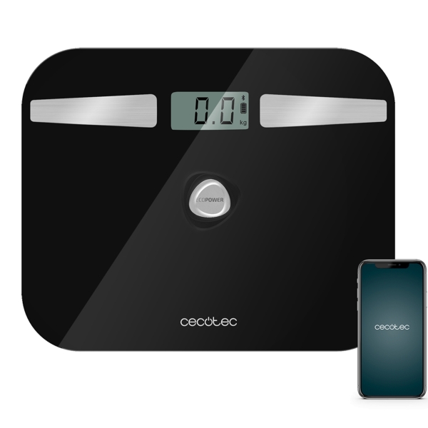 Cecotec Surface Precision 10200 Smart Healthy Black Bascula Corporal hasta 180kg - Energia sin Pilas - Bluetooth - 4 Sensores - Cristal Templado - Patas Antideslizantes - Autoapagado - Color