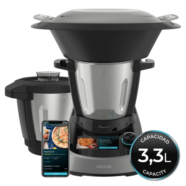 Cecotec Mambo Touch Robot de Cocina - 1600W - Pantalla Tactil TFT 5" - App con Recetas Guiadas - Jarra de Acero Inoxidable - Capacidad 3.3L - Jarra Cerramica Antiadherente - 40x25x33cm - Col