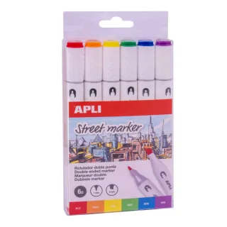 Apli Street Markers Pack de 6 Rotuladores de Doble Punta - Puntas de 1mm y 6mm - Tinta de Base Alcohol - Multifuncionales para Dibujar, Pintar y Colorear - Colores Surtidos